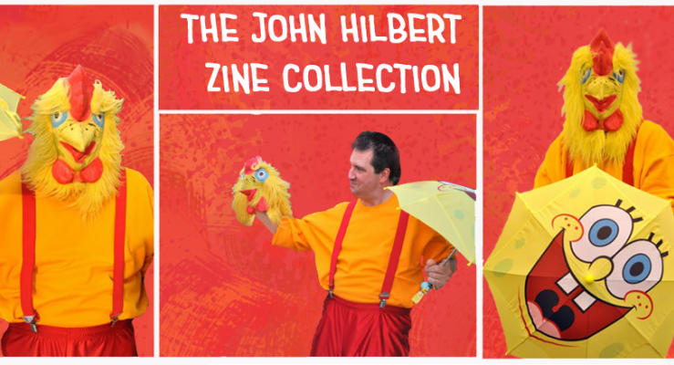 A series of images of late teen librarian John Hilbert wearing a chicken costume from a library event, with a mottled coral background and white letters saying "The John Hilbert Zine Collection"