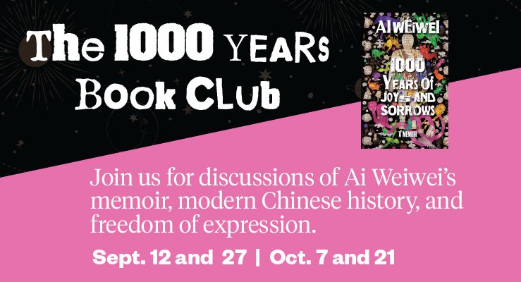 The 1000 Years Book Club black and pink diagonal split graphic with cover of Ai Weiwei's book "1000 Years of Joys and Sorrows"