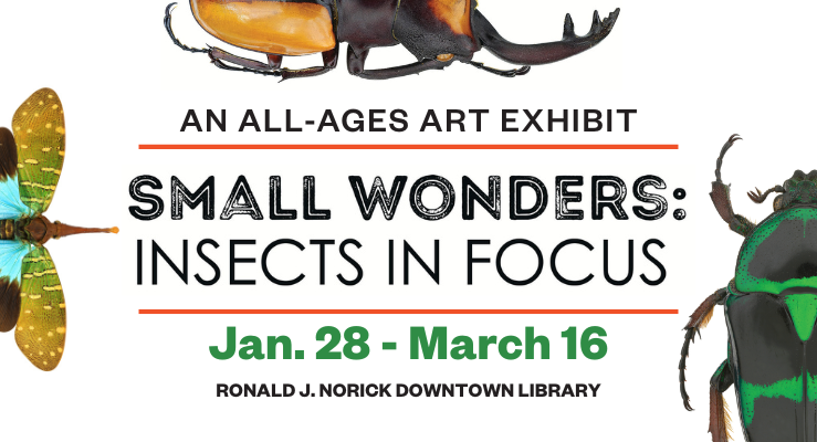 Two beetles and a lantern fly with text: An All-Ages Art Exhibit | Small Wonders: Insects in Focus | Jan. 28 - March 16 | Ronald J. Norick Downtown Library